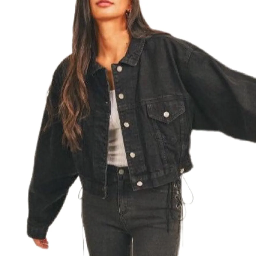 Tania Cropped Denim Jacket - Black.