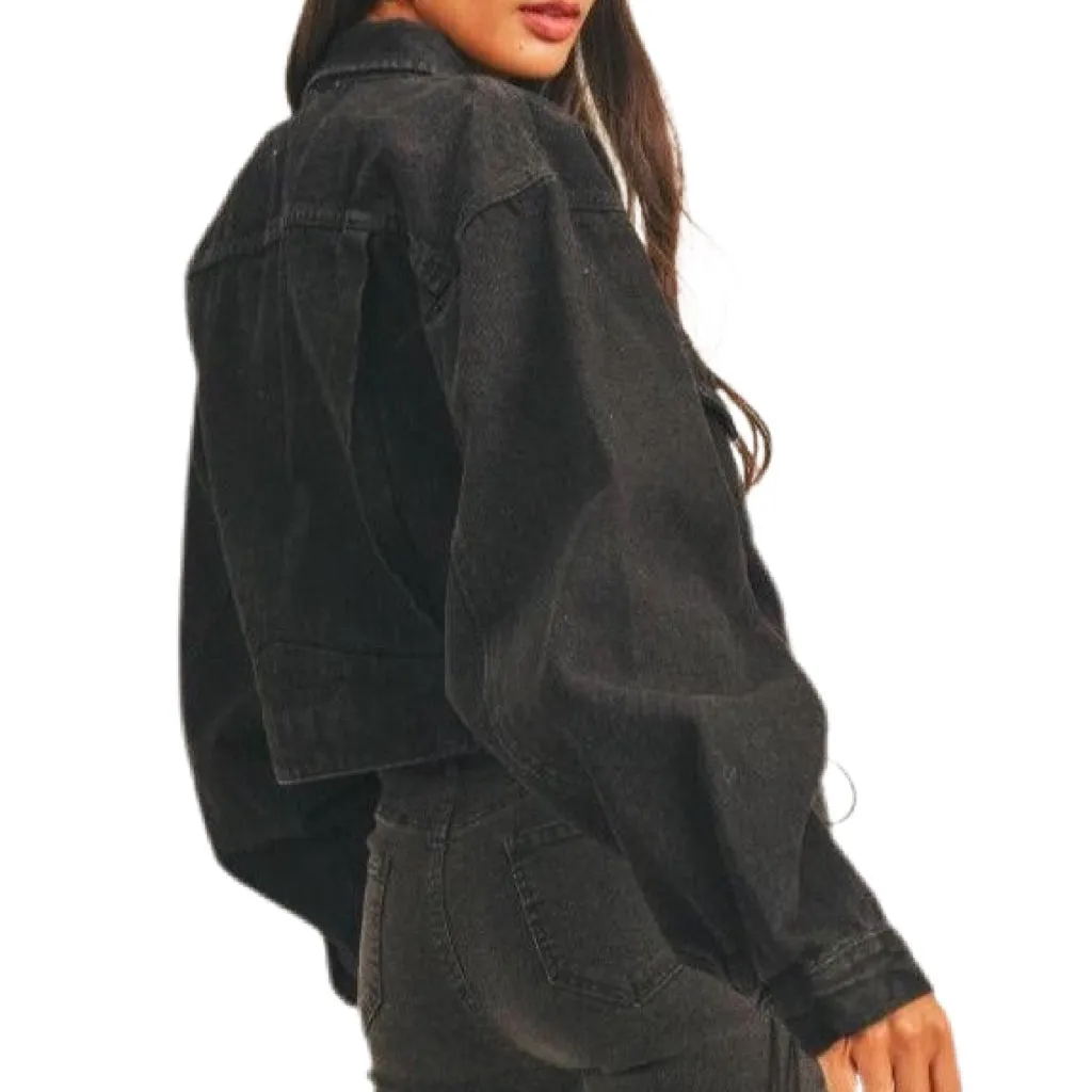 Tania Cropped Denim Jacket - Black.