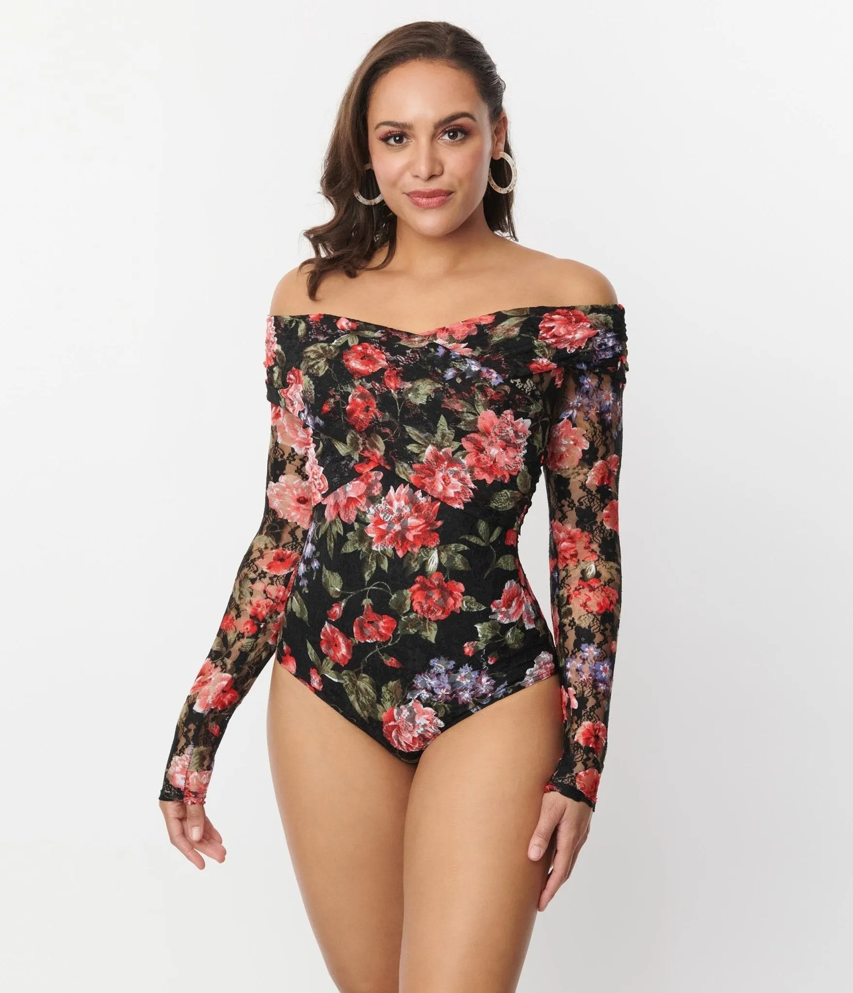 Unique Vintage 1940s Black Floral Lace Saturday Night Bodysuit