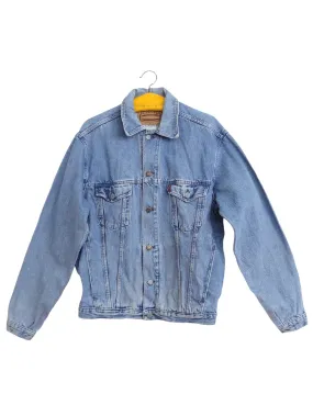 Vintage 80s Utilitarian Bohemian Grunge Medium Wash Blue Denim Jean Jacket | Men’s Size M-L | Women’s Size L-XL