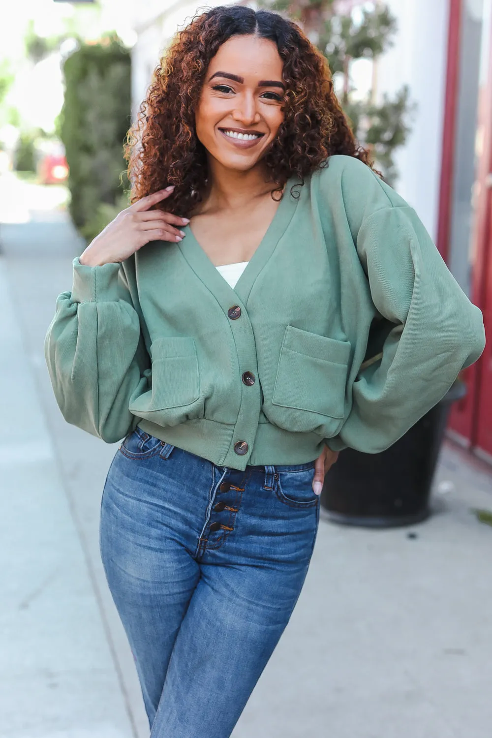 Weekend Ready Green Boyfriend Button Down Cropped Jacket