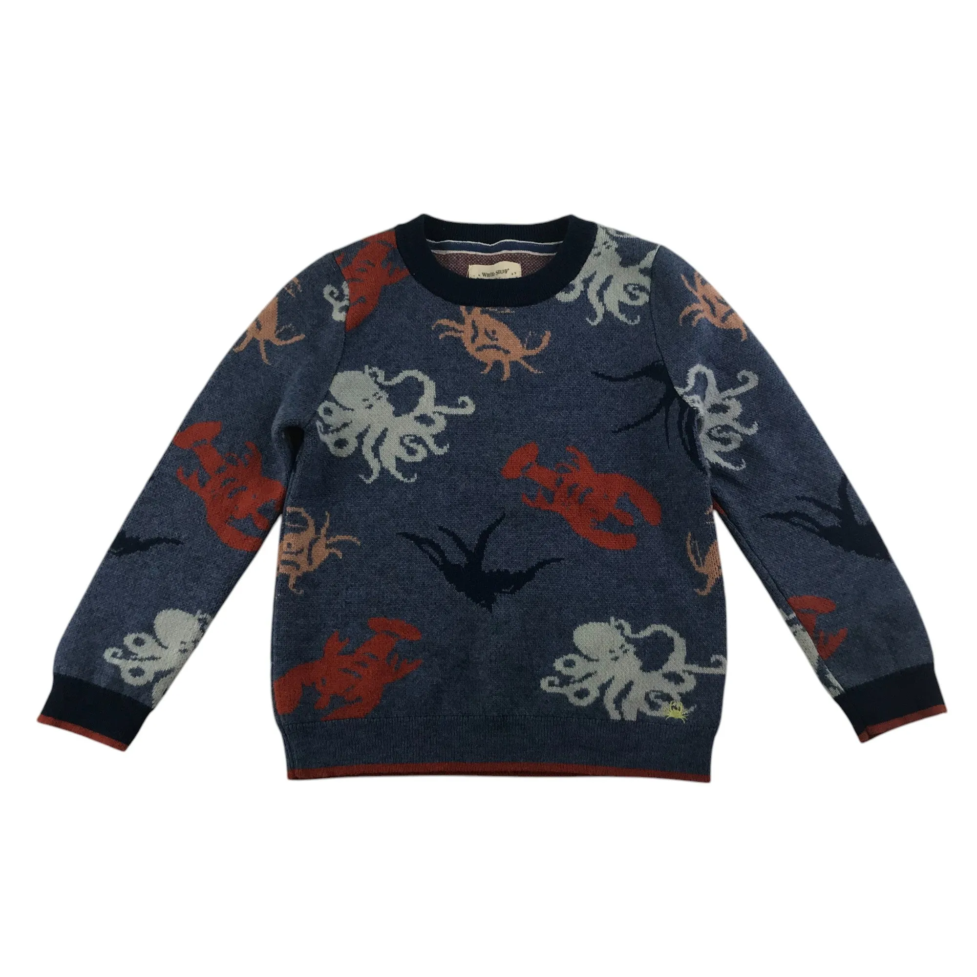 White Stuff jumper 5-6 years blue wool blend sea life theme