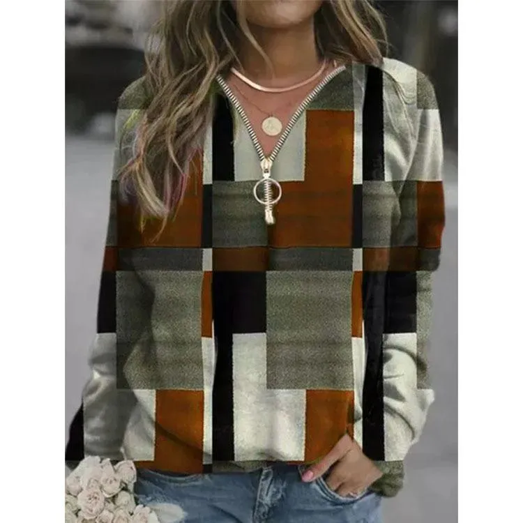 Women new fashion plaid printed sweatshirt quarter zip pullovers