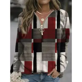 Women new fashion plaid printed sweatshirt quarter zip pullovers