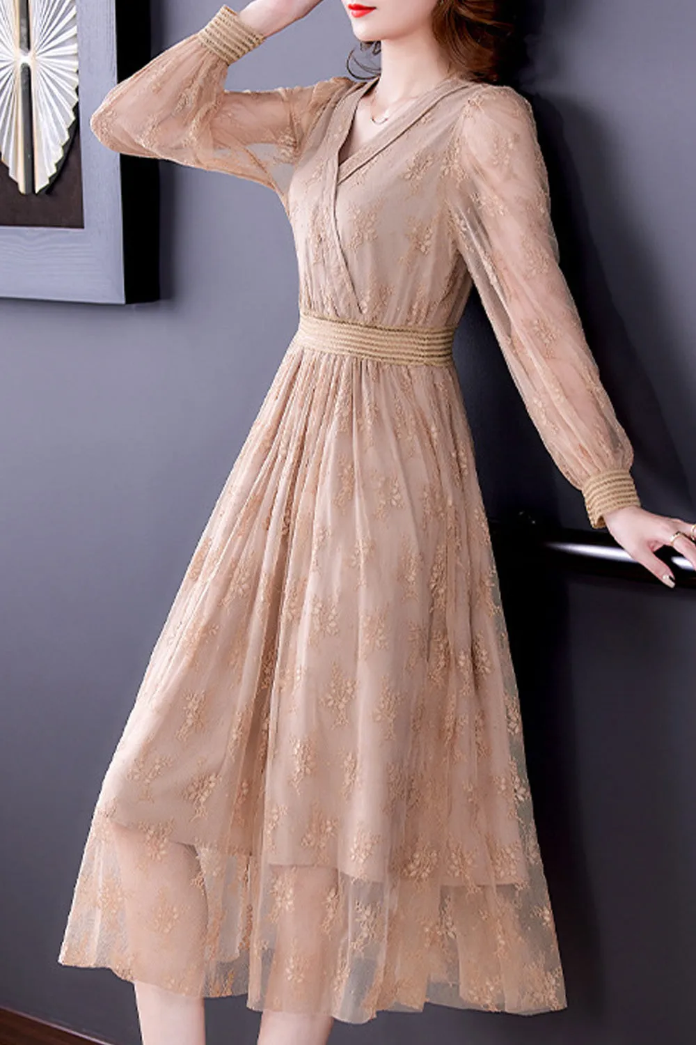 Women Splendid Long Sleeve V-Neck Solid Color Mid Length Party Dress - WDC14483