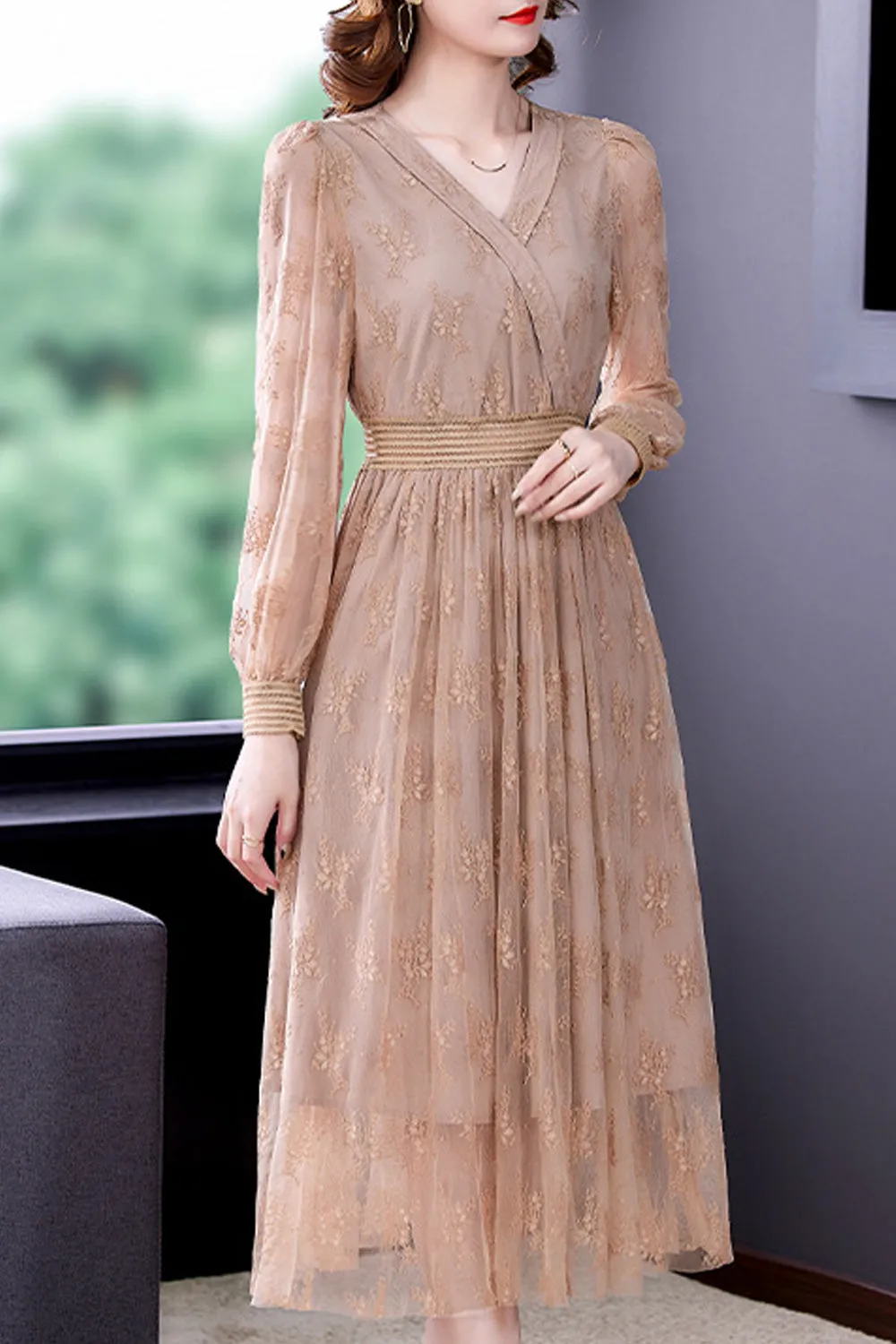 Women Splendid Long Sleeve V-Neck Solid Color Mid Length Party Dress - WDC14483