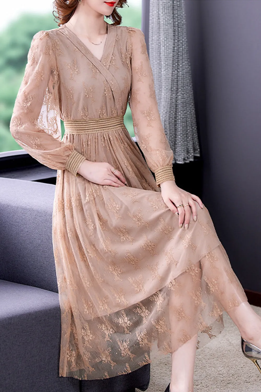 Women Splendid Long Sleeve V-Neck Solid Color Mid Length Party Dress - WDC14483