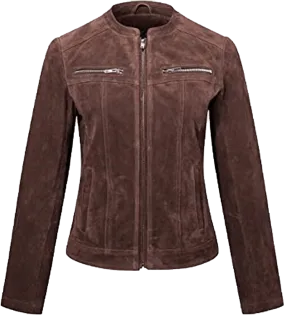 Women's Moto Brown Suede Biker Leather Jacket Coat | Women Moto Brown Suede Leather Jacket