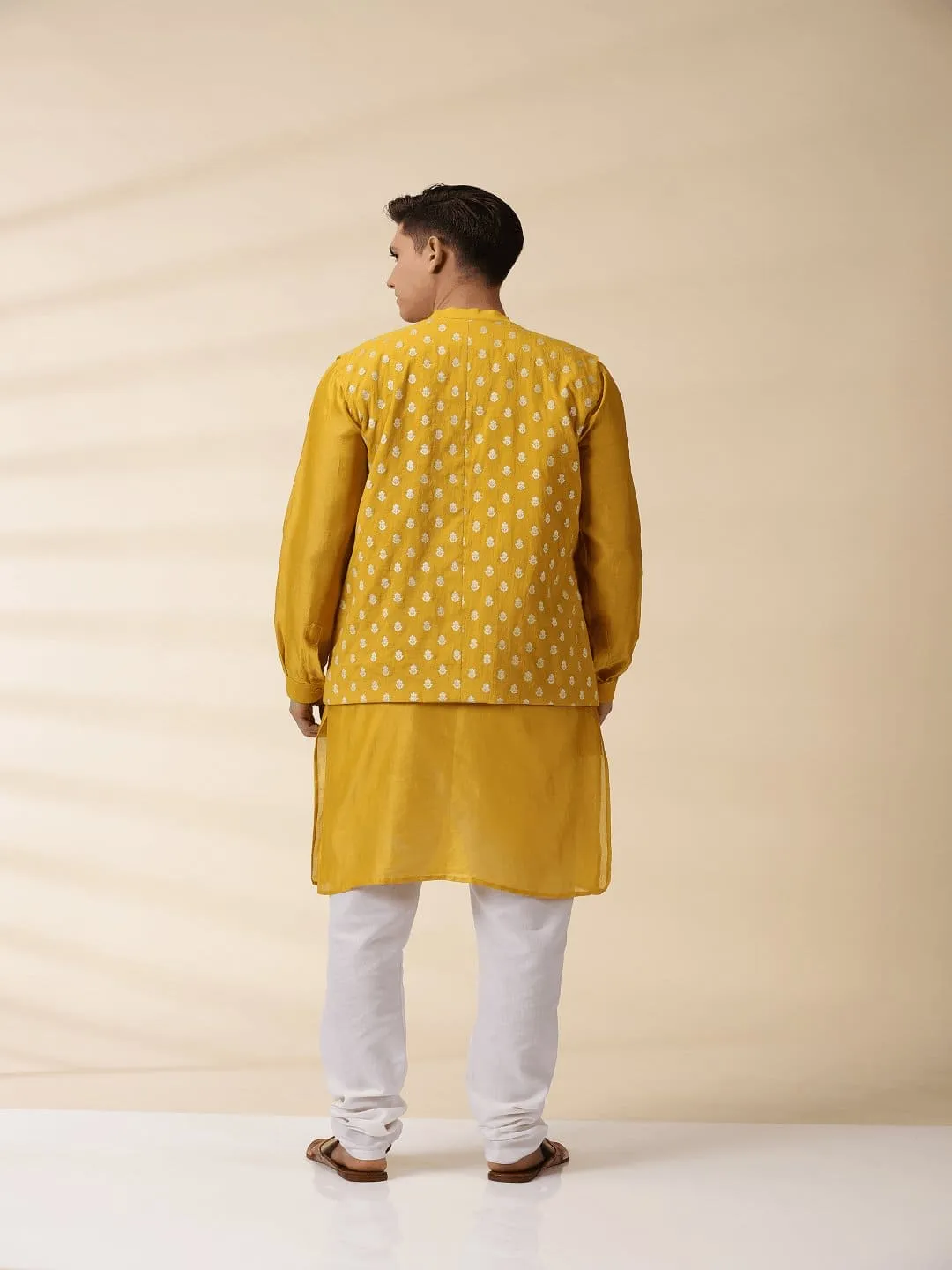 Yellow Chanderi Men Nehru Jacket