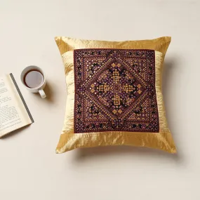 Yellow - Kutch Neran Hand Embroidery Mashru Silk Cushion Cover (16 x 16 in)