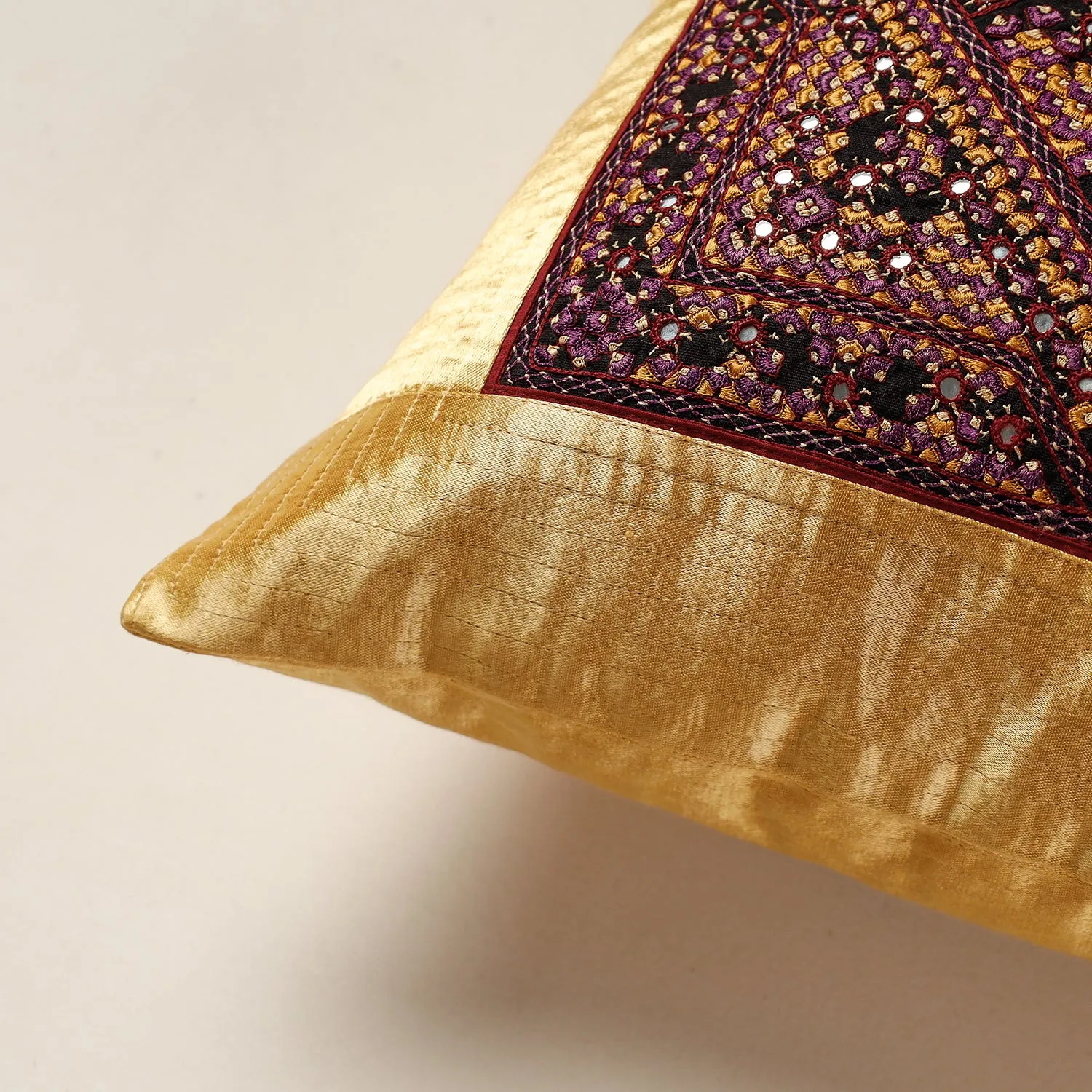 Yellow - Kutch Neran Hand Embroidery Mashru Silk Cushion Cover (16 x 16 in)